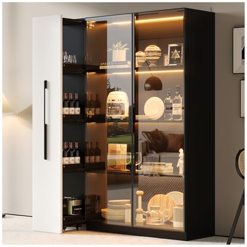 Wyibwy Vitrina con puertas de cristal 110,5 x 35 x 160 cm, con iluminación LED, cajones laterales extraíbles y ruedas, mueble alto moderno, librería, mueble de baño, mueble de comedor, blanco y negro