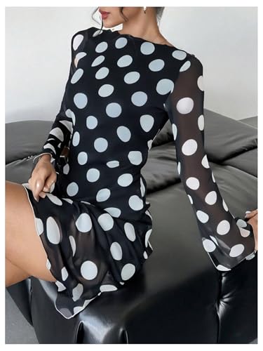Image of GORGLITTER Women's Bell Long Sleeve Mini Dress Y2k Fall 2025 Mesh Boat Neck Going Out Club Bodycon Short Dress