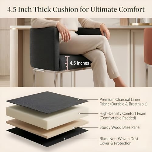 Image of HNY Modern Counter Height Linen Charcoal Fabric Upholstered Counter Stools Set of 4, 24 Inch Kitchen Island Stool with Chrome Finish Metal Frame