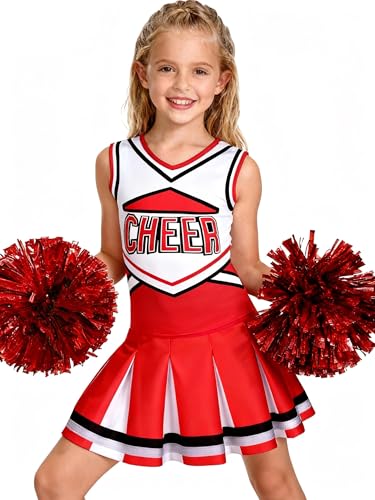 Costumerry Cheerleader Costume for Girls Cheerleading Outfit with Pom Poms Halloween Dress Up Party (Red, 7-8 Years)