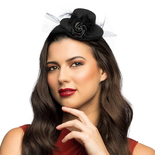Boland 76312 – Minihatt Nicolette, svart, pannband med hatt, fjädrar, blomma, huvudbonad, kostym, karneval, temafest
