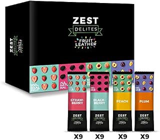 Zest Delites Fruit Leather Snacks, Gluten Free Vegan Healthy Snacks for Adults and Kids, Bulk Variety Snack Pack, 0.88 oz (Pack of 36) Strawberry, Blackberry, Apricot, Plum Fruit Bars