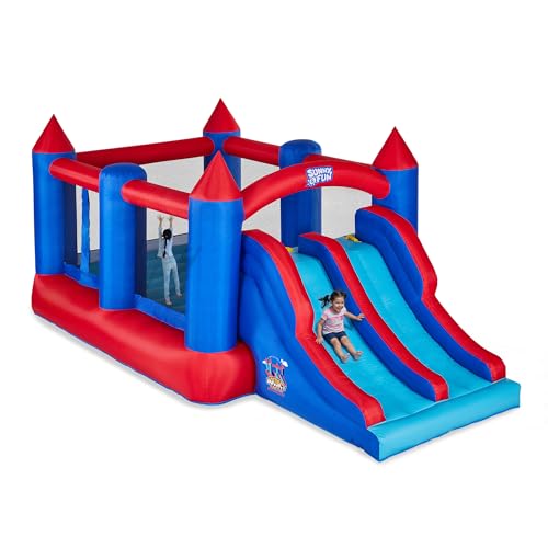 Sunny & Fun Inflatable Bouncy Castle with Dual Slide – Heavy-Duty for Outdoor Fun - Climbing Wall, Slides, Bounce House – Easy to Set Up & Inflate with Included Air Pump & Carrying Case