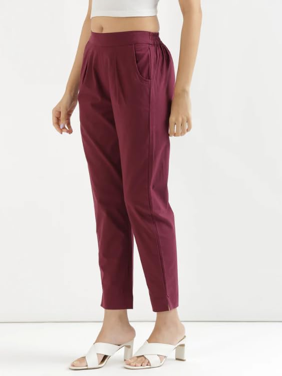 Image of D K W Women's Mid Rise Relaxed Fit Cotton Flex Trousers with Elastic Back & Drawstring - Ideal for Winter, Formal, Office & Casual Wear, Comfortable for Girls and Women