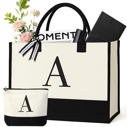 GENGBIN Personalized Canvas Tote Bag, Monogrammed Gift with Zipper Pouch for Women (A - with Cardboard Insert)