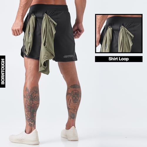Born Tough 2 in 1 Mens Workout Shorts, 7 Inch Inseam Gym Shorts, Athletic Shorts for Bodybuilding, Running with Liner Pocket3