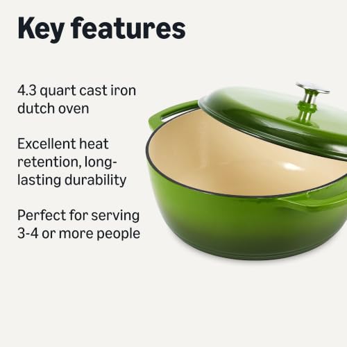 Image of Amazon Basics Enameled Cast Iron Dutch Oven Pot with Lid, Round, Dual Handles, Heavy-Duty, Oven Safe for Stews, Roasting, Baking, 4.3-Quart, Small, Green