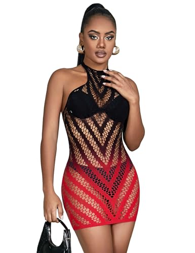 sunshinelady Damen Fischnetz Bodystocking Schwarz-Rot Verlauf Dehnbar Netzbody Bodysuit Damen Mesh Dessous Catsuit Neckholder Rückenfrei Frauen...