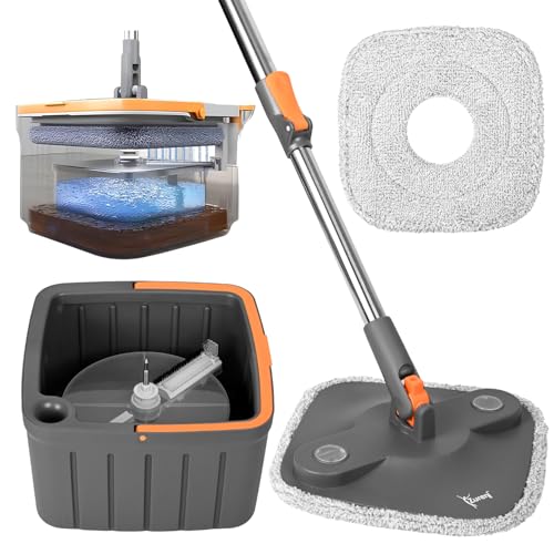 Image of Zureni Wet and Dry Bucket Mop Set 360 Rotating Square Mop-Head with Extendable Handle & 2 Replaceable Mop-Pads Self Separation Dirty Clean Water for Hardwood Tile Marble Floor Mopping & Cleaning