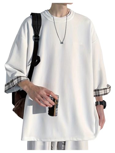 Image of OYOANGLE Men's Textured 3 /4 Sleeve Drop Shoulder T Shirt Loose Fit Plaid Cuff Tee Tops