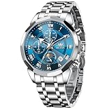 OLEVS Montre Homme Quartz Luxe Business Multifonction Chronographe Phase de Lune Étanche Tout Bleu Argenté Acier Bracelet Montre