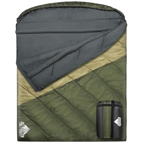 AGEMORE Double Sleeping Bag for Adults, Lightweight Queen Size 2 Person Sleeping Bag with Draft Tubes & Hood, Fit for Warm & Cold Weather Camping Hiking Backpacking Or Traveling