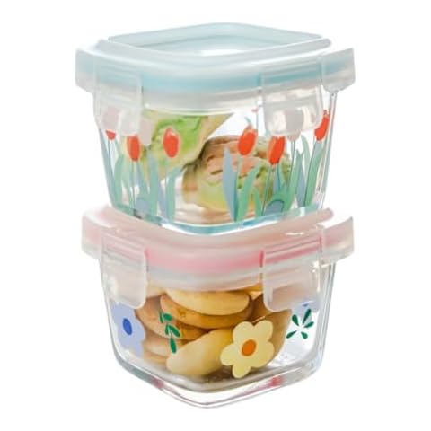 yaocoral 2 Pack 4 OZ Mini Square Glass Food Storage Containers,Small Food Jars Floral Glass Container with Lids for Sauce,Snack,Yogurt,Dressing,Dip,Dessert,Leakproof,Airtight,Freezer Microwave Safe Cover