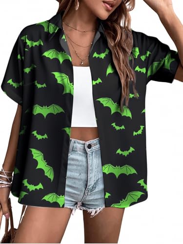 SUIVRE Halloween Shirt Hawaiian Shirts for Women:Aloha Shirt Summer Beach Button Up Floral Blouses Short Sleeve Hawaii Tropical Outfits Tops(Black M)