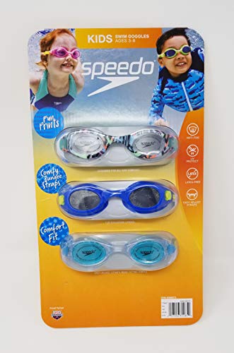 Speedo Kids Swim Goggles for Ages 3-8, 3-Pack (Green/Blue/Multi Color)