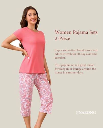 Image of PNAEONG 2 Pack Women's Cotton Pajama Sets Short Sleeve Sleepwear Tops with Capri Pants Summer Loungewear Pj Sets S-3XL