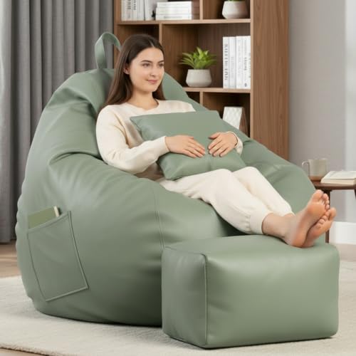 Image of KAM'S LIEU 5XL Luxury Faux Leather Bean Bag with Footrest & Cushion | Pre-Filled High-Density Polystyrene Beans | Premium Leatherette | 6 Months Warranty Color- (Sage Green, Without Footrest)