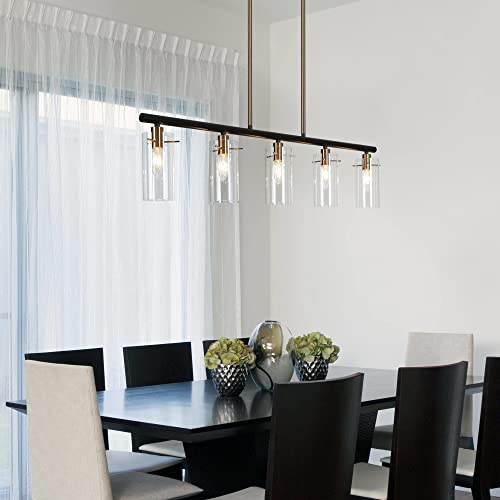 Zevni 5-Light Kitchen Island Lighting, Black Gold Linear Pendant Lighting, Modern Chandelier For Dining Room With Cylinder Clear Glass Shades, 36" L #TOP2