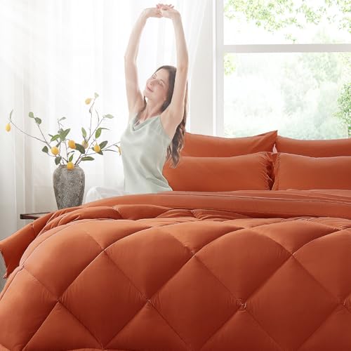 Anluoer Full Comforter Set,Burnt Orange Bed in a Bag 7 Piece,Lightweight Bedding Set with Soft Down Alternative Fill,Bed Set Includes Comforter, Fitted Sheet, Flat Sheet,Pillowcases and Shams