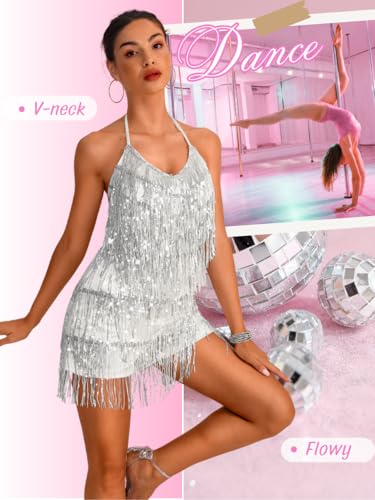 Image of Kaei&Shi Sequin Fringe Romper,Sparkly Glitter Metallic Jumpsuits For Women,Backless Shorts Dress Disco Birthday Dance Outfit