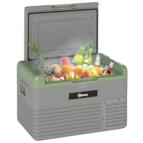Outsunny 30L Car Refrigerator, Nevera Congelador Portátil con Compresor para Coche, Nevera Eléctrica con 12/24V DC y 110-240V AC para Camping, Conducir, Picnic, Hasta -20℃, Verde Claro y Gris