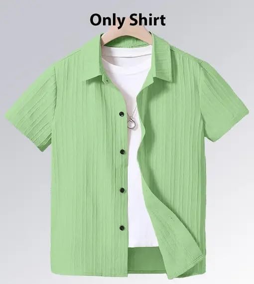 Image of Boy's Kids Regular Fit Solid Pattern Cotton Blend Shirt with Collared Neck Short Sleeve Button Down Closure Type and Standard Length | Boys Cotton T-Shirts Set | Shirt for Boy