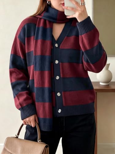 Womens Stripe Long Sleeve Cardigan Sweaters with Scarf - image 2