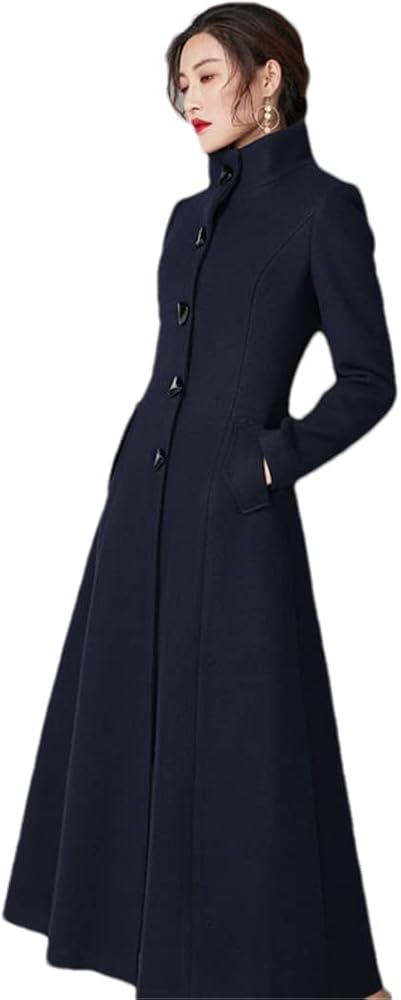 Women Single Breasted Faux Wool Blend Maxi Long Trench Stand