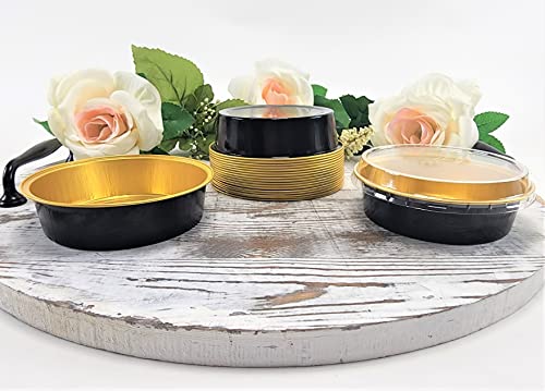Kitchendance 8 Oz. Colored Smooth Wall Dessert Pan- Perfect For Individual Cakes, Tarts Pies And Flan #A42 - Pack Of 100 (With Lids, Black And Gold) #TOP1