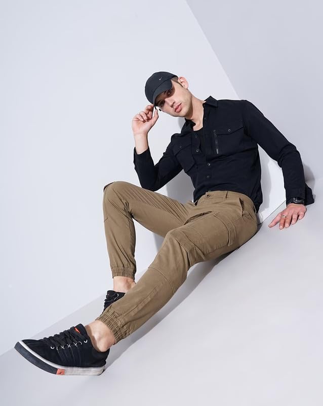 Image of British Club 98% Cotton, 2% Elastane Slim Fit Cargo Jogger Pants | Flat-Front Design | Adjustable Waistband | Multiple Pockets | Lightweight Fabric | Modern Style | Comfortable | Durable Black