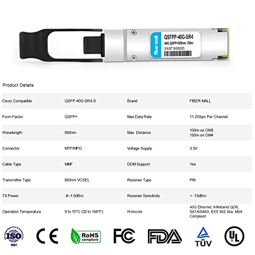 Image of 40G QSFP+ SR4 for Cisco QSFP-40G-SR4 Meraki MA-QSFP-40G-SR4,40GBASE-SR4 QSFP+ 850nm 150m MTP /MPO DOM Optical Transceiver Module