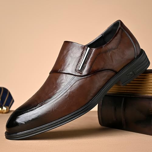 Mens Retro Leather Slip On Dress Loafers Classic Low Heels Pointed Toe Penny Shoes for Formal Business Wedding Office (Brown,Black)2