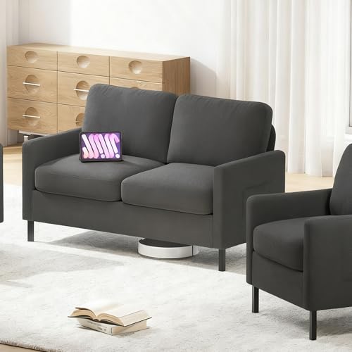 GRAVFORCE Sofa 2 Sitzer mit 2 Ladeports und Seitentasche, Klein Couch 143cm Cloudserie Gemütliches für Jugendzimmer Wohnung Wohnzimmer Büro Couch aus Holz (Stoff, Dunkelgrau, Sofa)