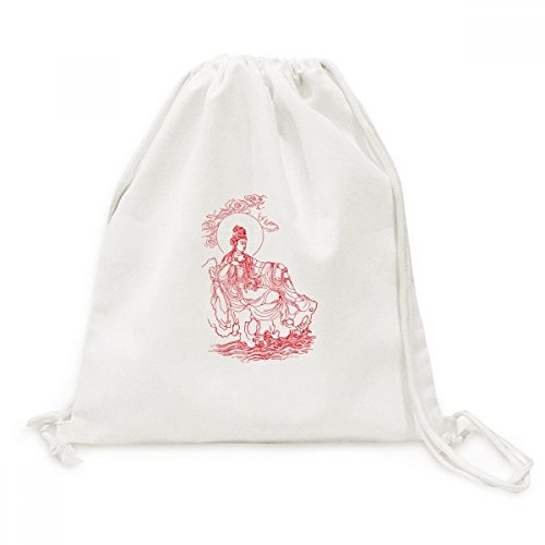Sac à dos bouddhisme Guanyin en toile rouge à cordon pour shopping et voyage