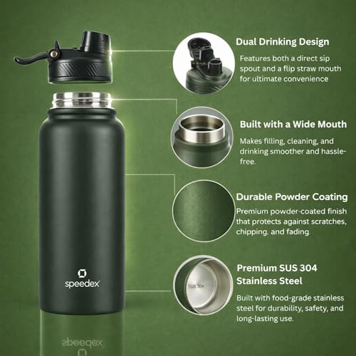 Image of Speedex Vacuum Insulated Stainless Steel Water Bottle 1 Litre (1000ml / 1L / 1 Ltr) with 2-in-1 Lid (Straw & Spout), Hot & Cold Leakproof Thermosteel Travel Flask for Office, Gym & School (Green)