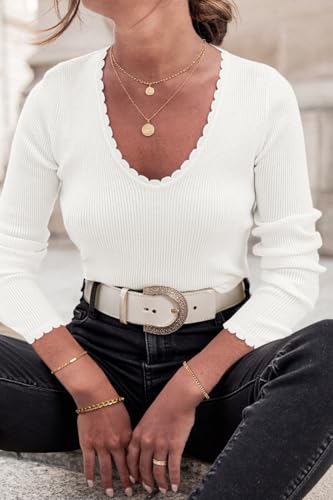 Women's V Neck Scalloped Sweaters Long Sleeve Ligheweight Shirts 2025 Fall Fashion Knitted Tops2