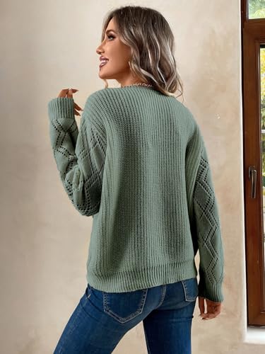 Image of SOLY HUX Women's Contrast Lace Sweater V Neck Long Sleeve Drop Shoulder Pointelle Knit Pullover Tops Plain Mint Green Large