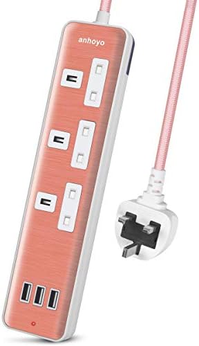 Extension Lead with USB 3 AC Outlets 3 USB Charging Ports Power Strips Multi Socket with 1.8M Nylon Braided Ultra Durable Cable - Rose Gold