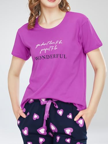 Image of ZEYO Night Suit for Women's Heart Printed Cotton Night Dress of Top and Capri Set 5745