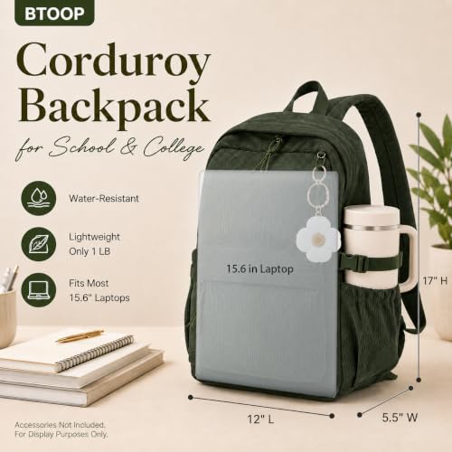 Image of BTOOP School Backpack for Teens Girls, Cute Corduroy Bookbag Lightweight 15.6 inch Laptop Bag for Women, Giant Tumbler Holder Pocket Casual High School College