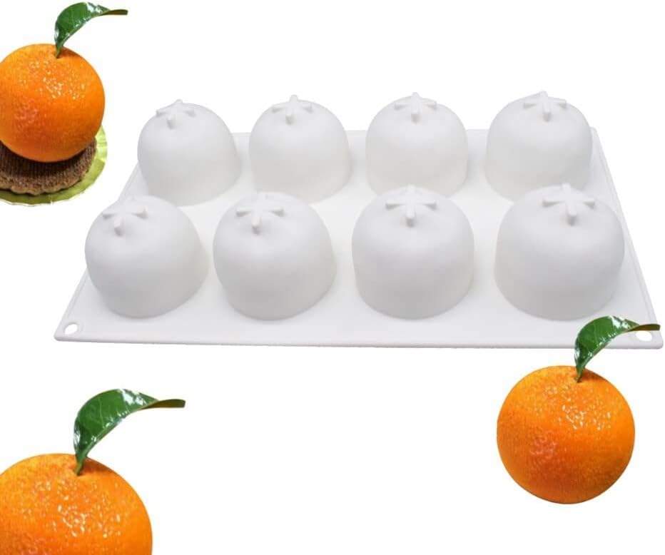 Surakey Cake Molds Baking Dessert Jelly Ice Cream 3D Fruit Shapes Silicone Mold for Chocolate Candy Pastry Truffle Pudding Jelly Cheesecake Mousse Soap, 8-Cavity Orange Mold