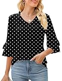 TFSDOD Womens 3/4 Sleeve Tops Elbow Sleeve Shirts V Neck Three Quarters Length Sleeve Blouses Black Polka Dots Large