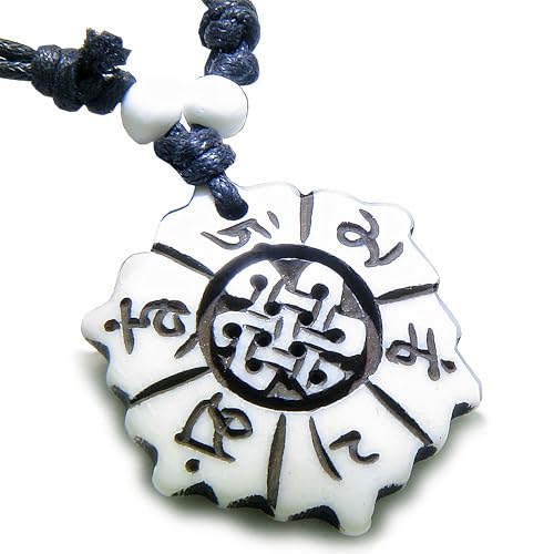 BestAmulets Tibetan Lotus Sunflower Mantra Amulet - Adjustable Chocker Necklace - White Yak Bone Om Mani Padme Hum Celtic Shield Knot Charm