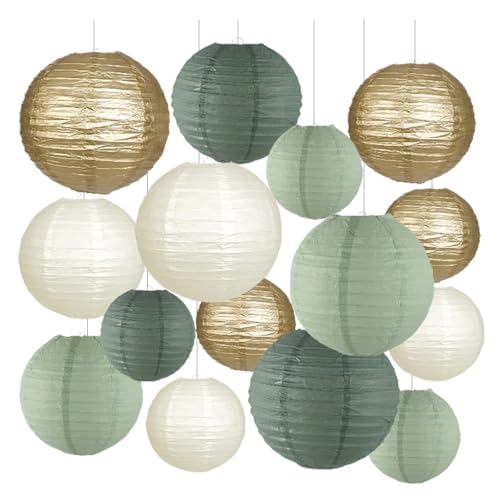 YZROHYI 15 PCS Lanterne di Carta Verde Salvia,Lampadario Carta Rotondo,Paper Lanterne Cinesi da Appendere,Lanterna da Giardino Esterno Colorata,Lanterna Cinese da Giardino per Matrimoni, Compleanno
