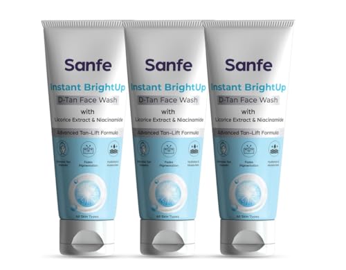 Image of Sanfe Instant BrightUp D-Tan Face Wash | Tan Removal Face Wash with Licorice Extract & Niacinamide | Brightening & Deep Cleansing Cleanser | Removes Dirt, Oil & Pollution | Hydrating | All Skin Types | 100g | Pack of 3
