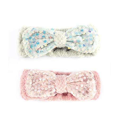 Chennie Spa Headbands Sequins Elastic Bowknot Makeup Hair Bands Washing Face HeadWraps For Women And Girls (2PCS) (Pink&Green)