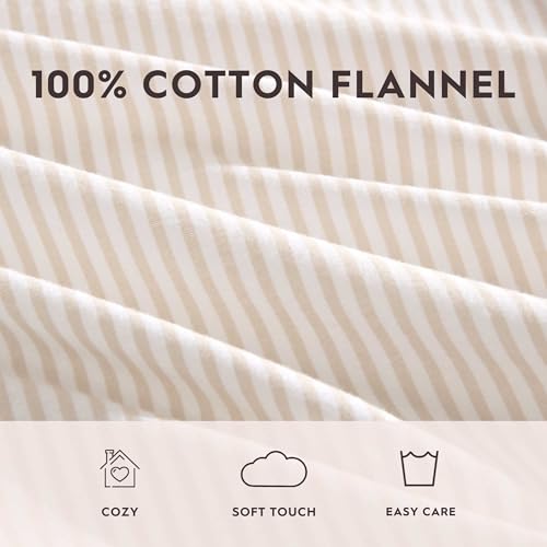 Image of Laura Ashley - Flannel Sheets Twin Size, Anti-Pilling & Wrinkle Resistant Cotton, Touchably Soft for All-Season Comfort - Bed Sheets with Matching Pillowcase & Fitted Sheet (Oxfordshire Stripe Beige)