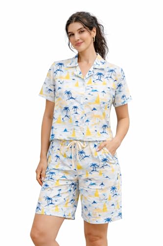 Image of Zilcon Woman Cotton Floral Printed Co-Ord Set - Short Sleeve Shirt with Matching Shorts, Lightweight Breathable Summer Outfit, Beach Vacation Casual Wear
