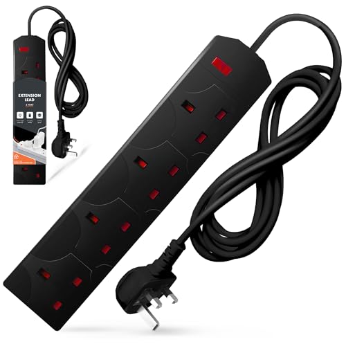 Wolf Power 4 Way Extension Lead 2 Metre Extension Cable with UK 3 Pin Plug Multi Socket Power Strip Wall Mountable Suitable for Home Office & Appliances (Black 1 Pack)