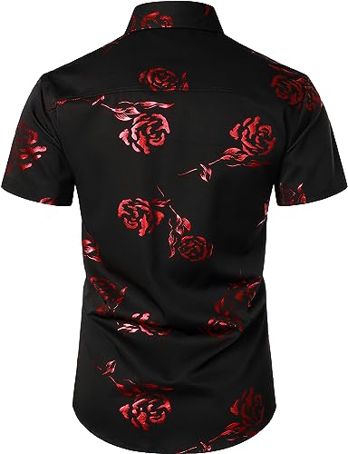 ZEROYAA Mens Hipster Gold Rose Printed Slim Fit Short Sleeve Button Down Dress Shirts2